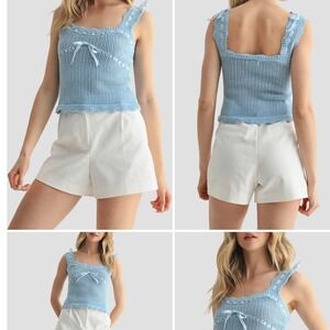 LUSH Blue Gingham Ribbon Knit Square‎ Neck Crop Tank Top Women's